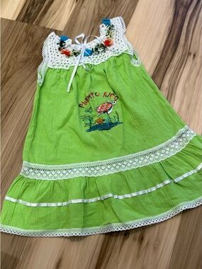 Handmade Bright Lime Green Crochet-Trim Dress Embroidered Turtle Puerto Rico 2t